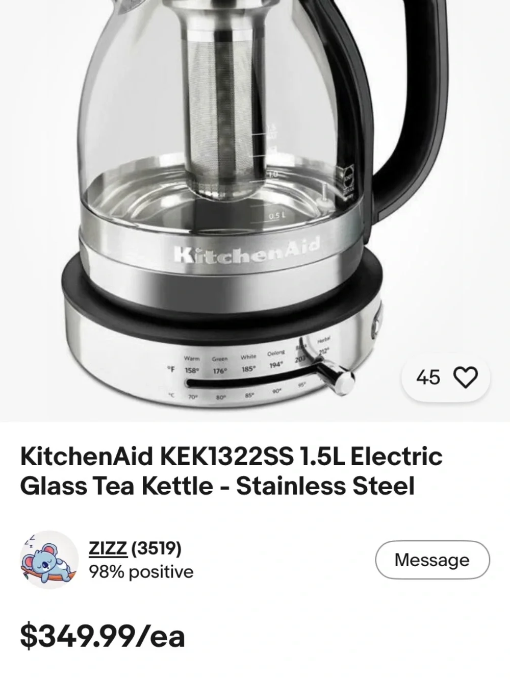 RARE KitchenAid Glass Electric Tea Kettle with Silver Stainless